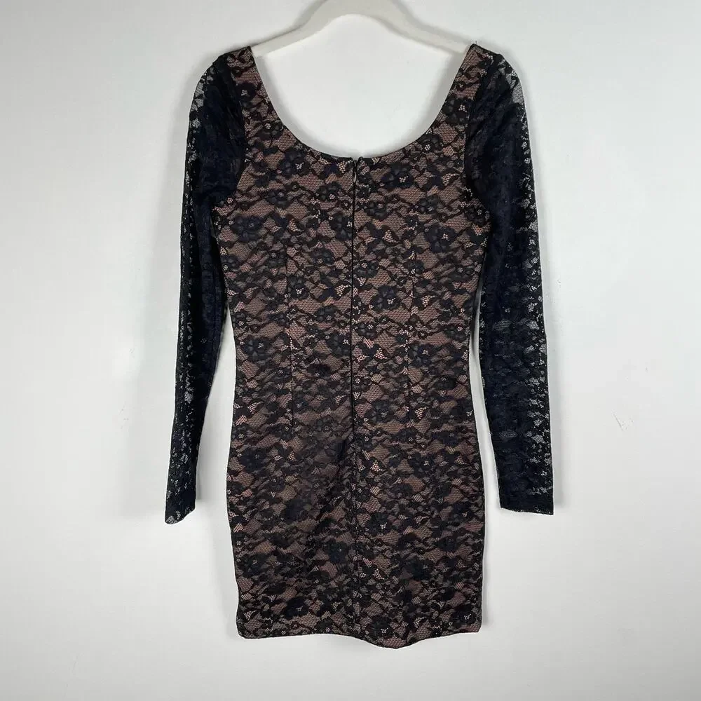 French Connection Thora Lula Long Sleeve Ponte Lace Mini Dress Size S Black NWOT